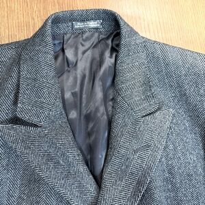 Vintage Leishman Mens Winter Long Trench Coat 44R Wool Laxdale Herringbone Grey